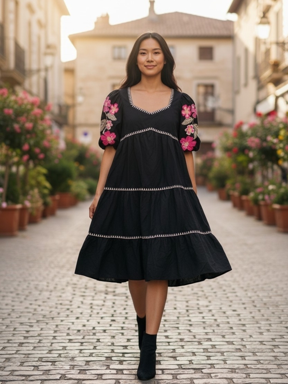 THML Black Tiered Maxi Dress with Pink Floral Puff Sleeves
